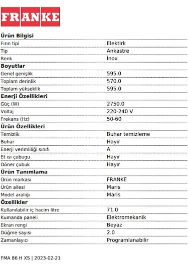 Franke Maris FMA 86 H XS Inox + Nero 71 LT Ankastre Fırın