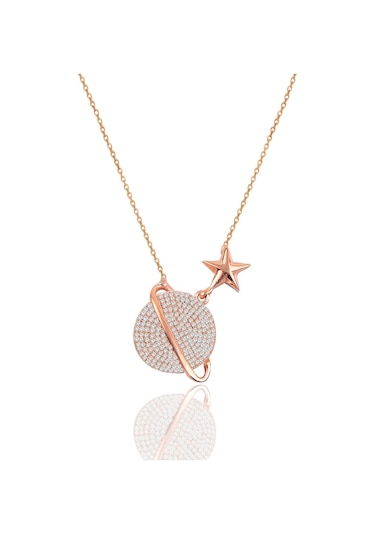 Gümüş Rose Zirkon Taşlı Satürn Gezegen Kolye Barcode Gümüş - Rose Gold