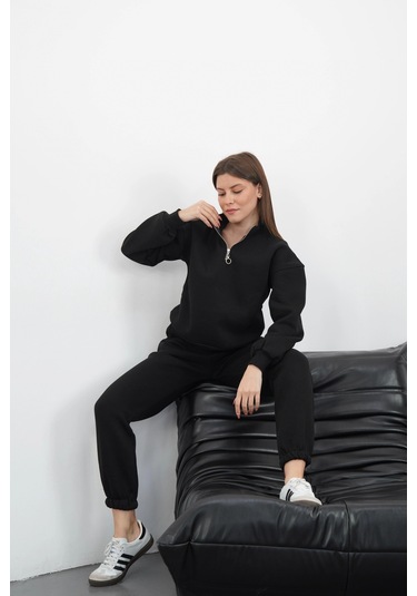 3 İplik İçi Şardonlu Yarım Fermuarlı Alt Üst Takım Siyah Siyah