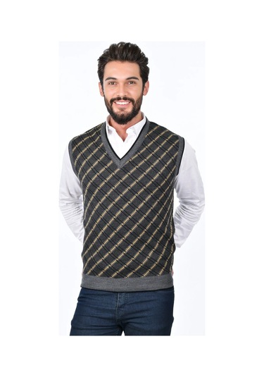 Kamalı Gri Erkek Çelik Örgü Ekose Desenli Kalın Triko V Yaka Triko Örgü Tüylenmez Süveter Regular Gri