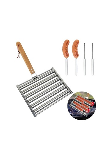 Ulzyvf Ahşap Saplı Ve Sosisli Şişli Sandviç Silindiri, Gümüş Barbekü, 4'lü Gümüş