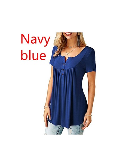 Lacivert Bayan O Boyun Düğmesi Gevşek Elastik Bayanlar Kısa Kollu Tunik Gömlek Kadın Rahat Bluzlar Tops Lacivert