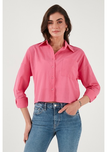 Lela Pamuk Ve Keten Karışımlı Regular Fit Önü Kısa Arkası Uzun Bayan Gömlek 6772867 Fuşya