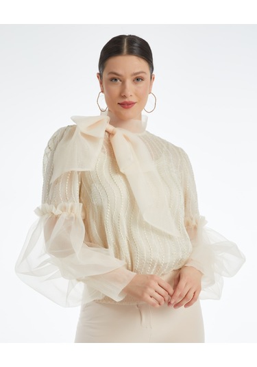 Desenli Transparan Kadın Bluz - Fiyonk Detaylı - Balon Kollu - Modern Ve Şık Tasarım - Özel Gün Ve Davet İçin Bluz Pudra