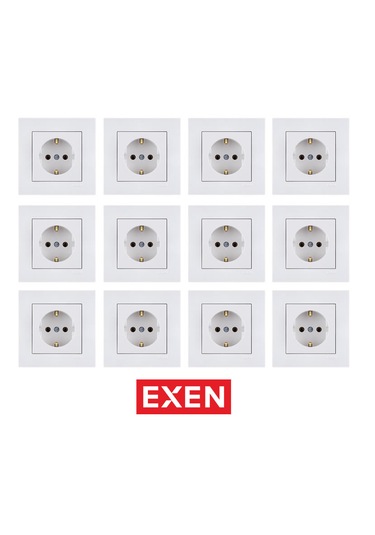 Exen Beyaz Topraklı Priz Mekanizma+çerçeve 12 Adet Priz Çerçeve