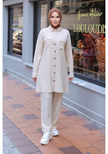 Cep Detaylı Tesettür Bej Takım Bej