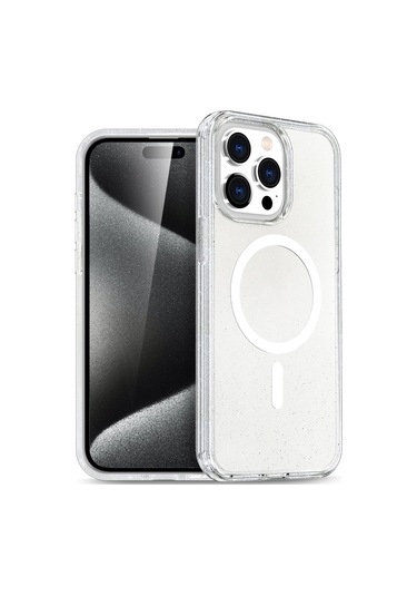 İphone 15 Pro Max Uyumlu Renkli Magneticsafe Parlayan Simli A+ Kalite Silikon Kapak - Şeffaf