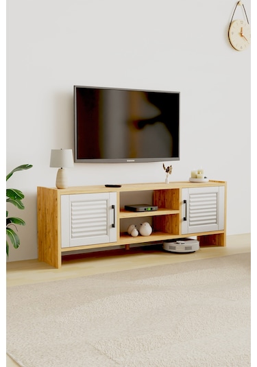 Molde Retro Tv Sehpası Mdf Membran Kapaklı Raflı Tv Ünitesi Televizyon Sehpası Atlantik Çam - Beyaz