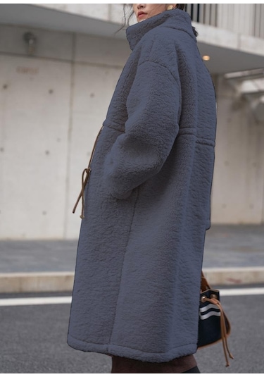 Peluş Beli Bağcıklı Kışlık Kadın Fermuarlı Astarlı Tüylü Ceket 001