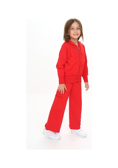 Toontoy Kız Çocuk Kapüşonlu Fermuarlı Fırfır Detaylı Eşofman Takım Kırmızı