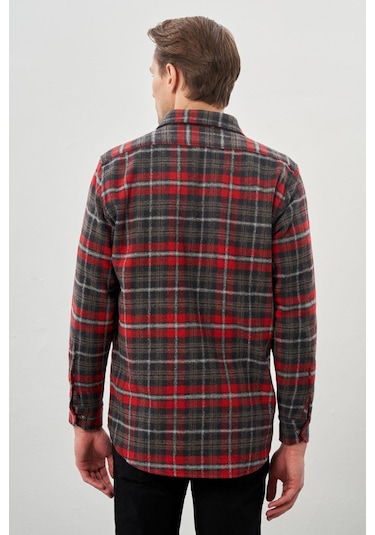 Bordo Yünlü Ekose Desen Yumuşak Yaka Cepsiz Uzun Kol Casual Comfort Fit Gömlek 1004245227 Bordo