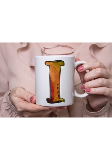 I Harf Yaprak Renkleri İle Kupa Bardak - Kişiye Özel Alfabe Harfli Bardak - Hediye Beyaz