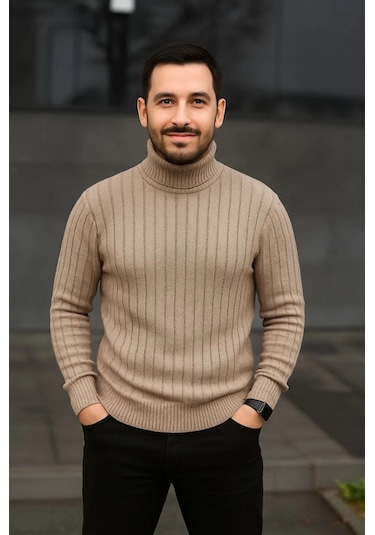 Erkek Balıkcı Yaka Bağazlı Triko Kazak Pamuklu Kalın Fitilli Dokuma, Regular Fit Uzun Kollu Kışlık Model - Bej Bej Erkek Balıkcı Yaka Bağazlı Triko Kazak Pamuklu Kalın Fitilli Dokuma, Regular Fit Uzun Kollu Kışlık Model - Bej Bej