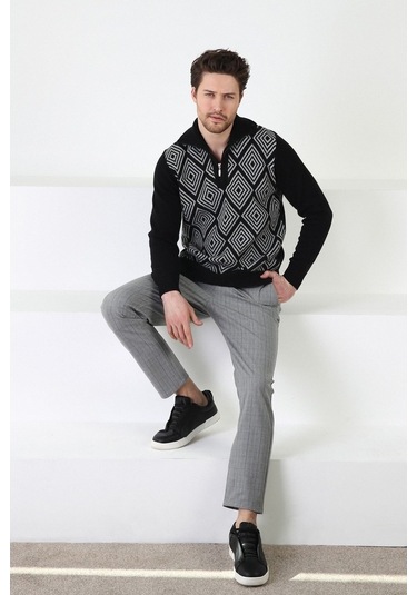 Ferraro Siyah Kare Desenli Dik Yaka %100 Kuzu Yünü Erkek Kazak Siyah (536161052) Siyah