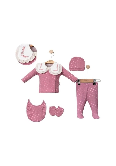 Necix's Puantiyeli Soft Yakalı %100 Pamuk 5 Parça Hastane Çıkışı Seti Mürdüm 233398-m 0-3 Ay Renkli