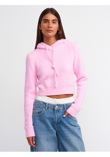 Dilvin Yumuşak Dokulu Kapşonlu Crop Kazak Pembe