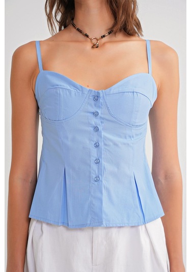 4737 Kadın Düğmeli Kuplu Pileli Bluz Mavi Mavi