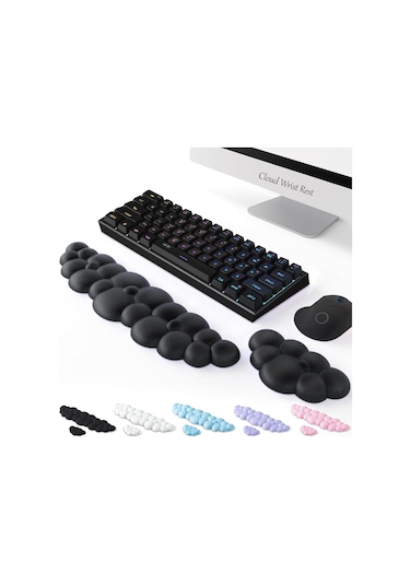 Hombey Ergonomik Klavye Bilek Destekçisi - Yavaş Geri Sayan Hafıza Pamuk - Siyah Bulut Desenli Bilek Yastığı + Klavye Matı