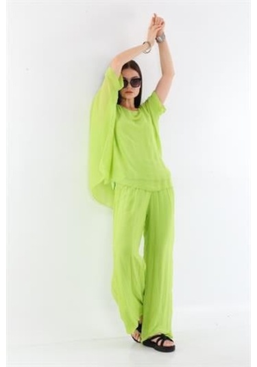 İtalyan Yarasa Kollu İpek Bluz Fıstık Yeşili