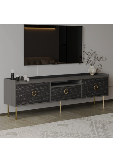 T0015 Lidya Kapaklı, Açık Raflı Tv Sehpası - Antrasit/siyah Mermer Antrasit/siyah Mermer