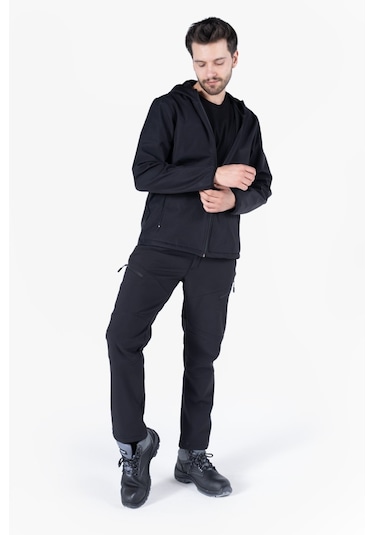 Kapüşonlu Softshell Mont Siyah