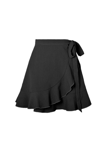 Yaz Kravat Yüksek Bel Düz Renk Fırfırlı Kısa Yarım Vücut Etek Siyah