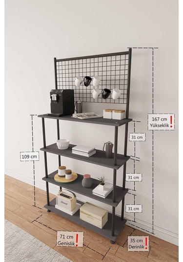 Çevir Kur Antrasit 4 Raflı Kahve Köşesi Dolabı Mutfak Düzenleyici, Stand, 71x167x35 Cm Antrasit