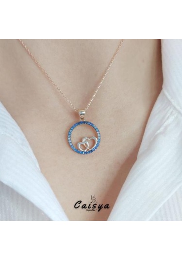 Mavi Nano Taşlı Kalp Gümüş Kolye (479068387)-Rose Gold