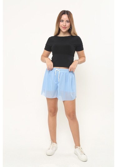 Kadın Mavi Kumaş Bol Kesim Spor Şort Mavi