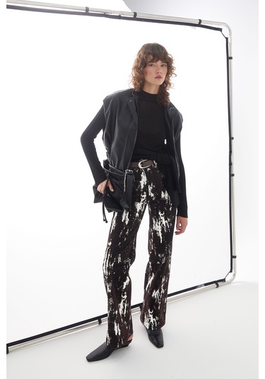 Wide Leg Desenli Denim Pantolon Kahverengi Kahverengi