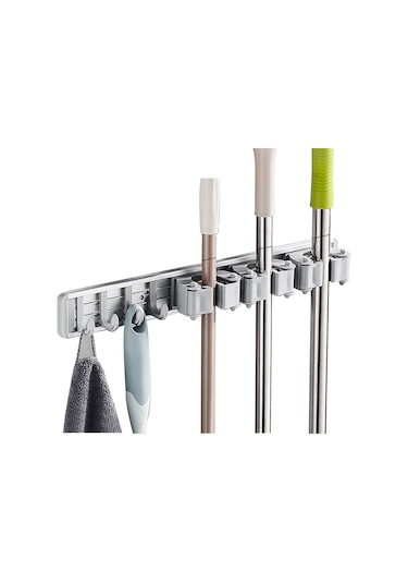 Gajeena 40cm Gri Uzay Alüminyum Süpürge Tutucu, 4 Kanca, Delme/delmesiz Montaj, 12kg Yüklenme Kapasitesi, Banyo/mutfak Uygun Gri