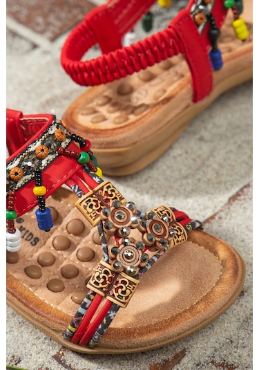 Khayt Alice Anatomik Fashion Taşlı Çocuk Sandalet Kırmızı