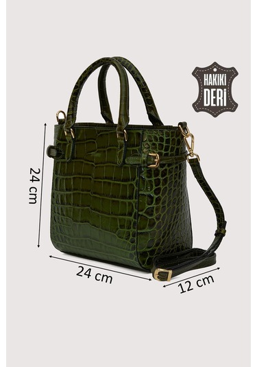 Hakiki Deri Kadın El Çantası Yeşil Kroko Smr7922 Yeşil Kroko