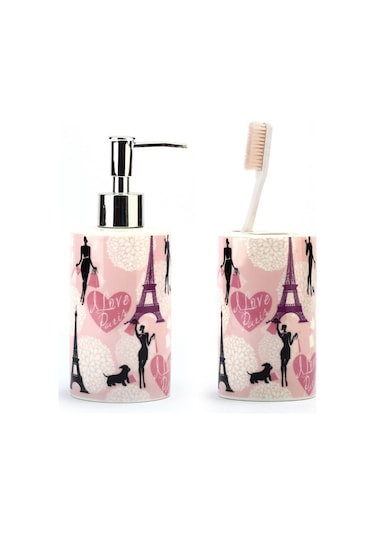 Sıa Sıvı Sabunluk Ve Diş Fırçalık 2 Li Banyo Seti Paris . Pembe