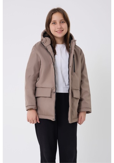 Kız Çocuk Vizon İçi Kürklü Su Ve Rüzgar Geçirmez Kapüşonlu 3 Cep Kışlık Mont & Kaban & Parka Vizon