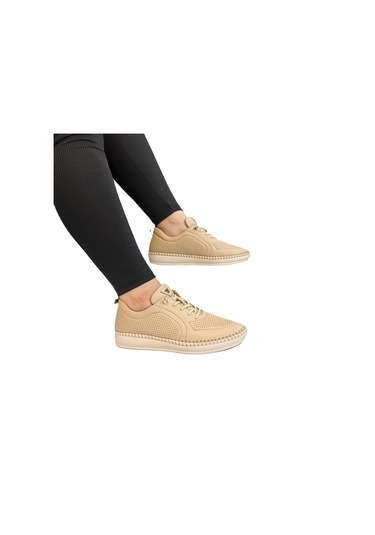 Voyager Z094 Bej Hakiki Deri Lazer İşlemeli Bayan Ayakkabı Bej