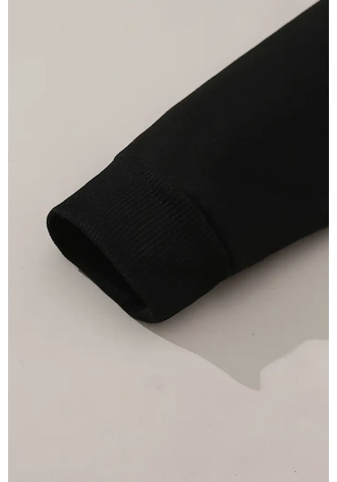 Unisex Siyah Kapüşonlu Fermuarlı Sweatshirt Minik Pandalar Cep Detay Baskılı, Şardonlu Kalın Kumaş Siyah