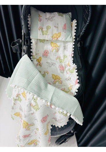 Dino 90 100 Çift Katlı Pikeli Müslin Battaniye Yastık Ve Alt Açma 3 Lü Set - Yeşil Yeşil