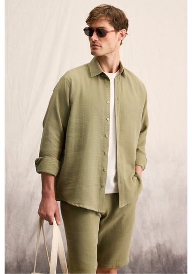 Raımo Erkek %100 Pamuklu Müslin Kumaş Manşetli Uzun Kol Comfort Fit Haki Gömlek