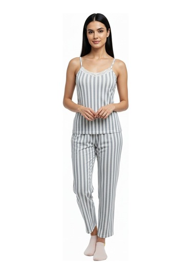 Kadın Rahat Ev & Uyku Pijama Takımı Gri Çizgili Desen Gri
