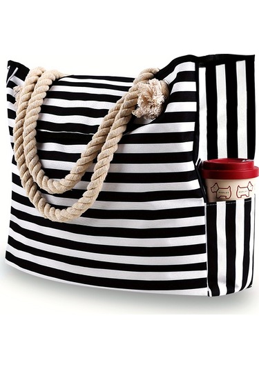 Plaj İçin 4 İç Cepli Ekstra Büyük Moda Baskılı Kanvas Plaj Çantası, Yüzme Siyahı Siyah