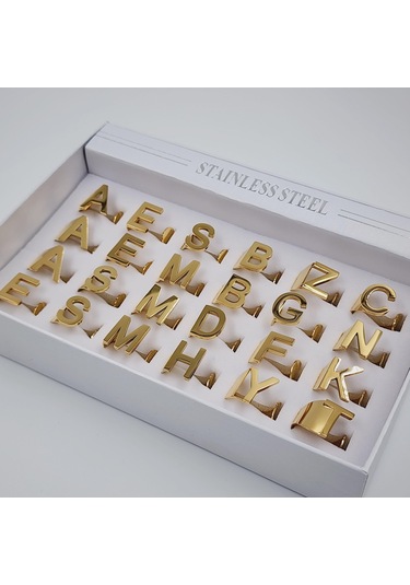 Çelik Gold Düz Kesim Harf Yüzük -b Harfi- Ayarlı Ölçü-1889 Altın