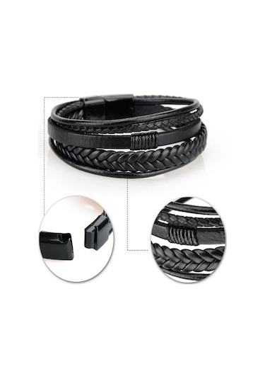 Gogoey Erkek Deri Bileklik Siyah Renk Manyetik Bileklik Db5035 Siyah