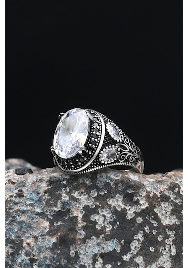 Beyaz Zirkon Taşlı 925 Ayar Gümüş Erkek Yüzüğü Zirkon Taş Süslemeli 901463 Gümüş