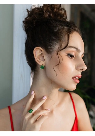 Lamponi 925 Ayar Gümüş Altın Kaplama Taşlı Küpeler 170806438 Yeşil