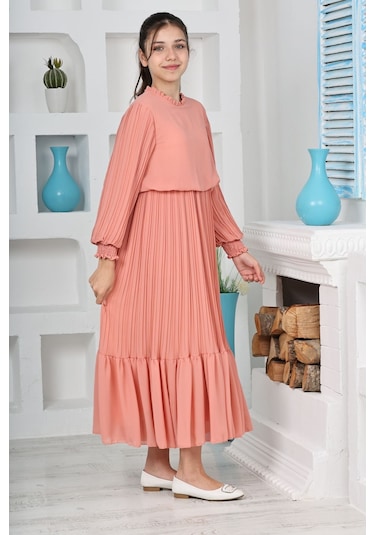 Kız Çocuk Uzun Boydan Pliseli Pamuklu Şifon Uzun Elbise SOMON