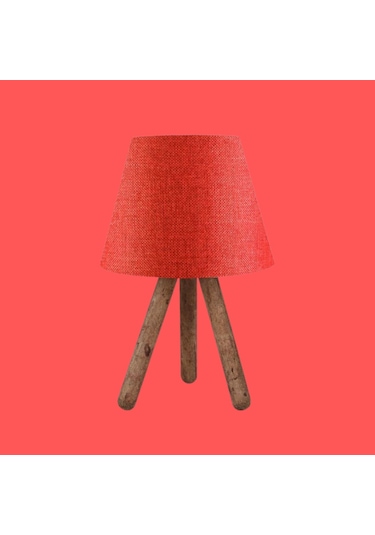 Ahşap Üç Ayaklı Tripot Abajur Kırmızı Dokuma Başlık Yatak Odası Çocuk Odası Masa Lambası Kırmızı