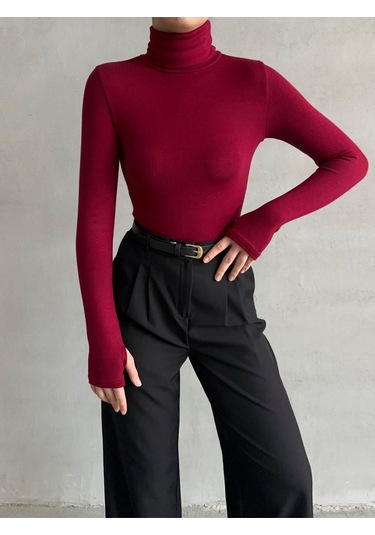 Kadın Parmak Detaylı Balıkçı Yaka Soft Bluz Bordo