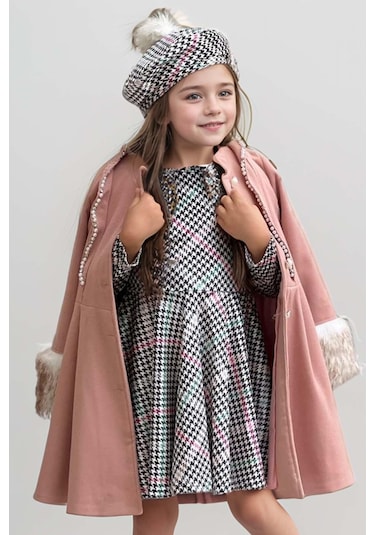 Riccotarz Kız Çocuk Kazayağı Desen Elbise Kolları Peluş Ve Omuzları İnci İşleme Kemerli Pembe Kaşe Kaban Pembe