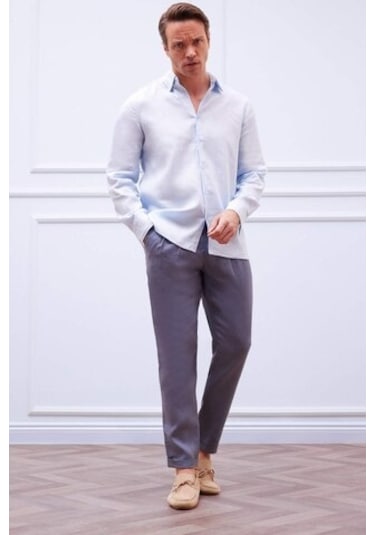 Defacto %100 Keten Normal Kesim Crop Duble Paça Yazlık Kumaş Pantolon C1826ax25smın247 İndigo